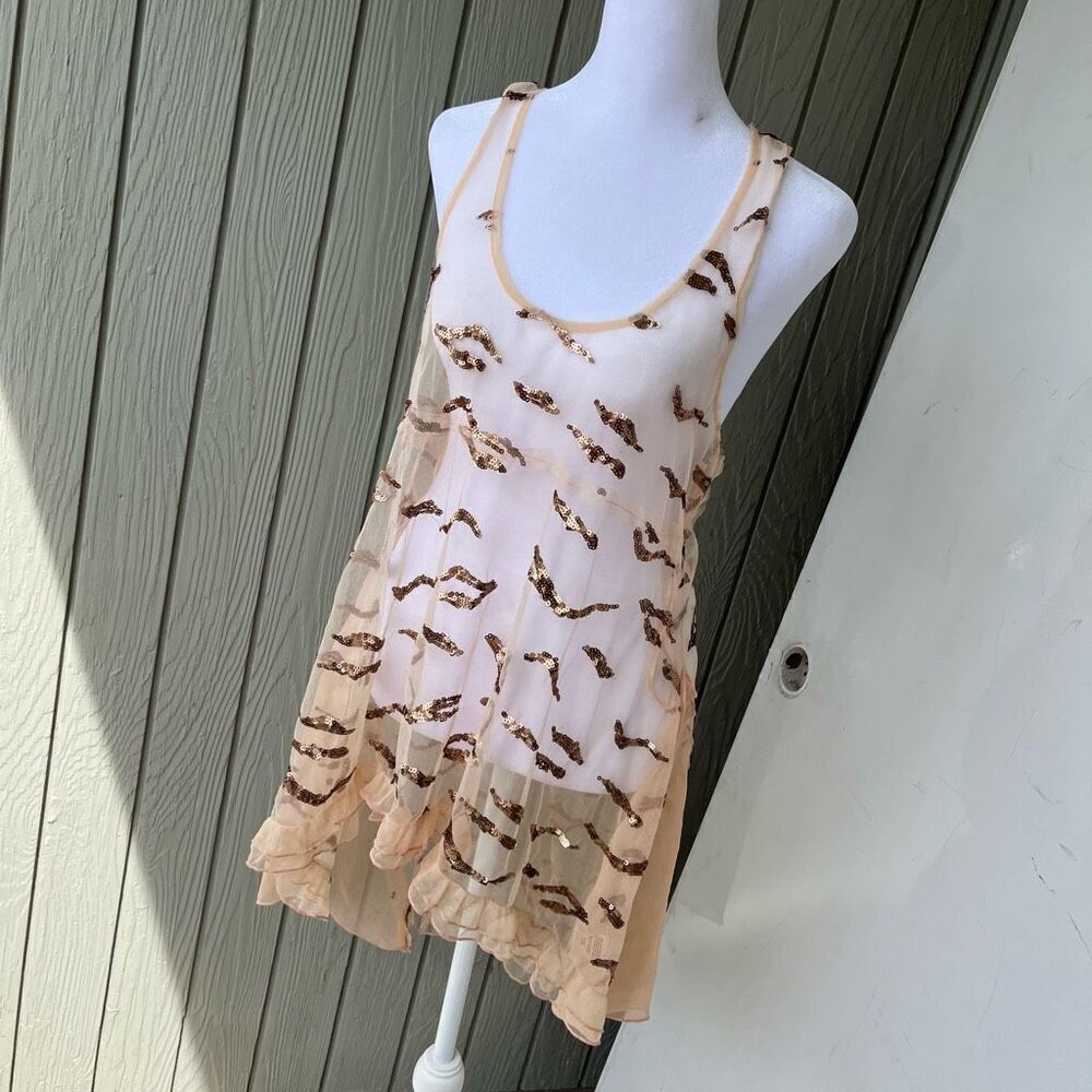 Free People Boho Fairycore Sheer Ruffle Sequin Top, S, Racerback Oversized